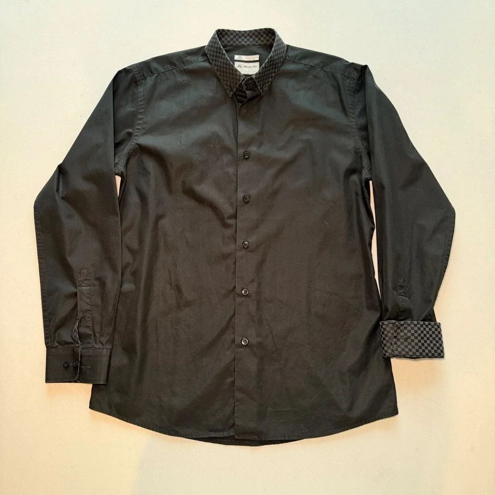 Master Cut Thomas Mason Shirt Mens XL Black Italian Fabric Checkered Trim Luxury